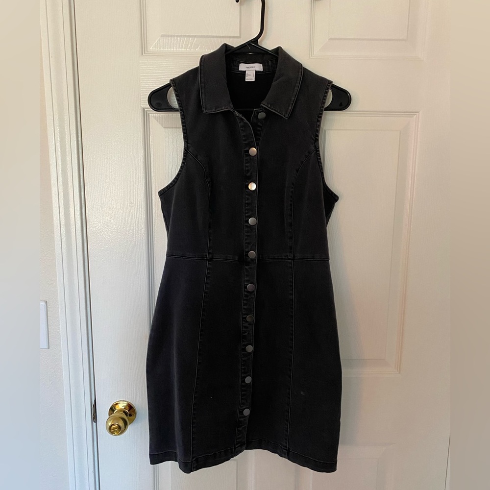 Black denim button up dress